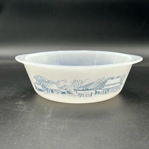 Vintage Glasbake White Bowl with Blue Scenic Design currier and Ives